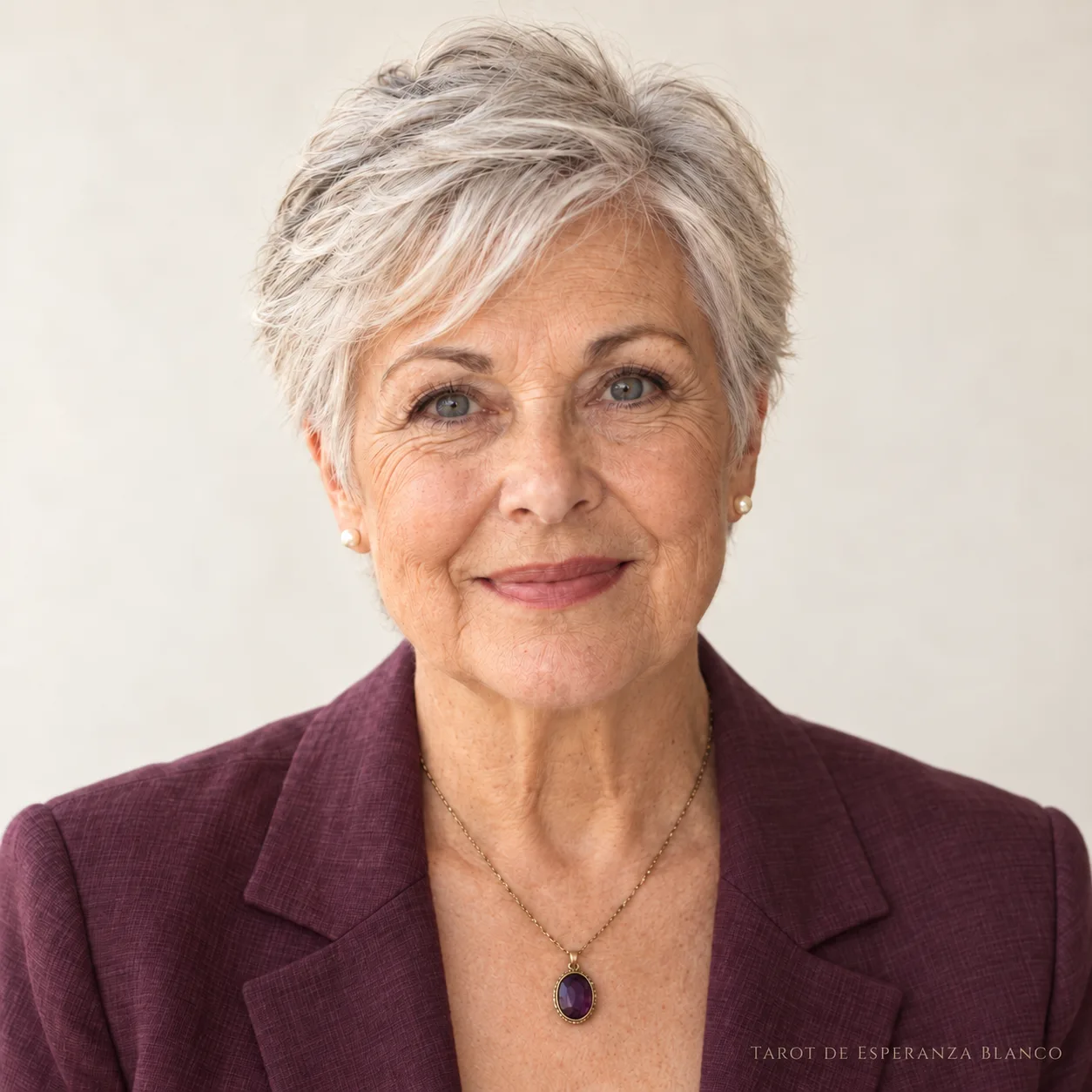 Retrato de Esperanza Blanco con chaqueta ciruela sobre un fondo claro.