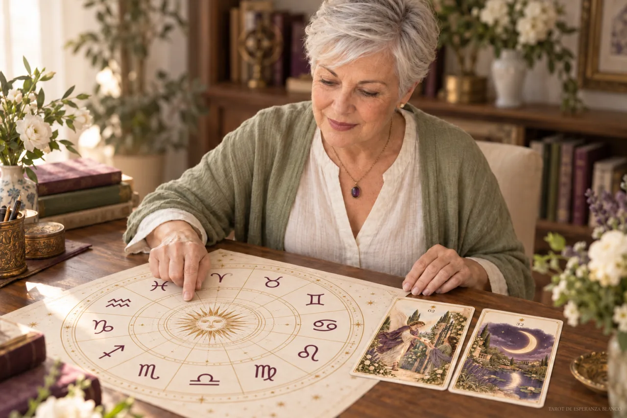 Esperanza Blanco trabajando con una rueda astral y cartas de nuestros oráculos en el gabinete.