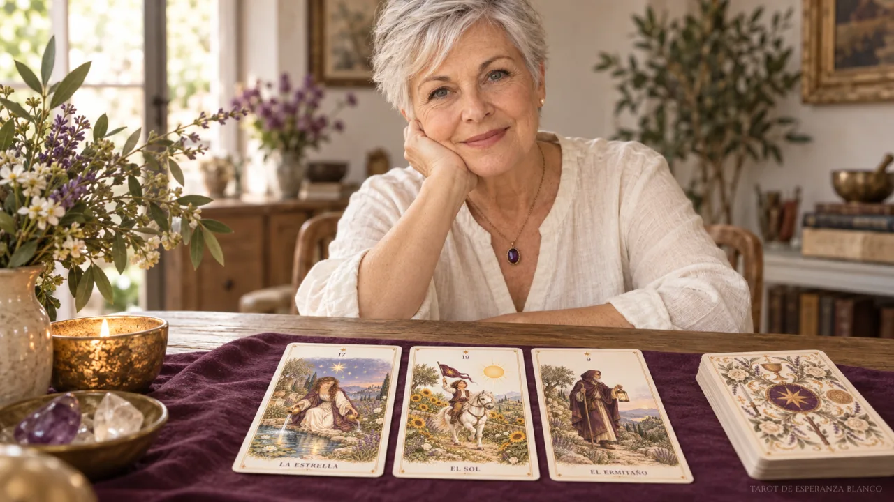 Esperanza Blanco ante su mesa con una tirada de tarot en el gabinete.