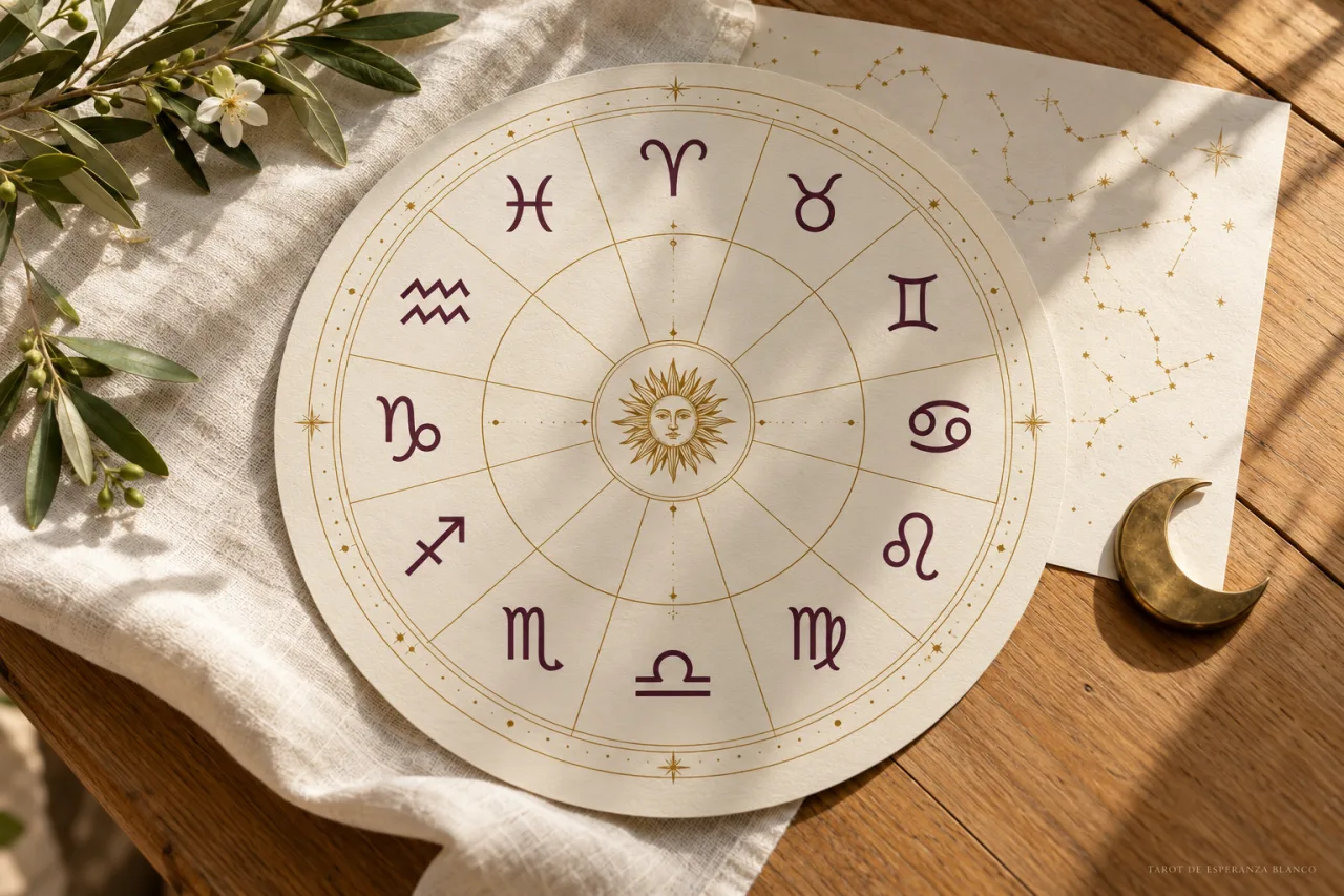 Rueda del zodiaco con sus doce signos, un Sol dorado y una pequeña Luna de latón sobre lino marfil.