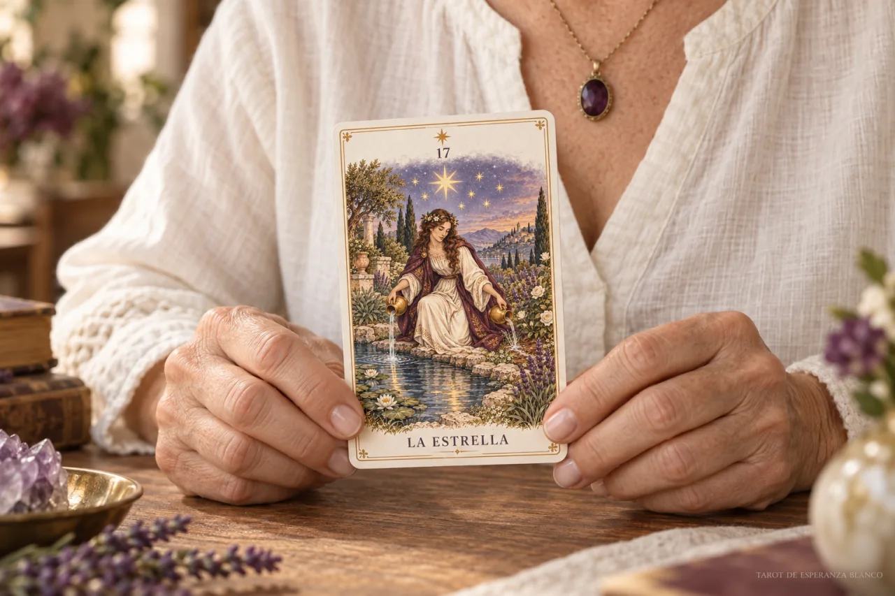 Detalle de las manos de Esperanza Blanco sosteniendo una carta de tarot.