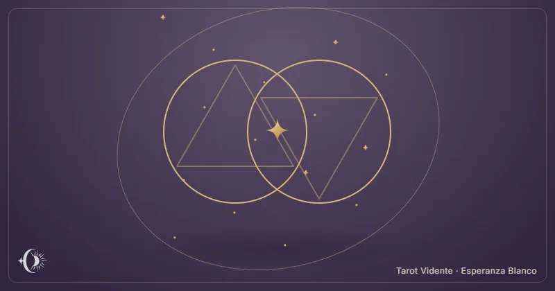 Sinastría de pareja. Dos ruedas entrelazadas y conexiones geométricas. Tarot Vidente · Esperanza Blanco.