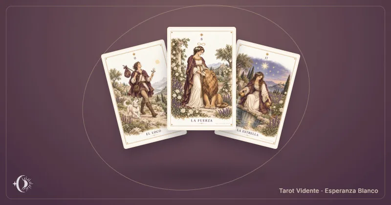 Arcano de nascimento. Composição com cartas ilustradas do gabinete. Tarot Vidente · Esperanza Blanco.