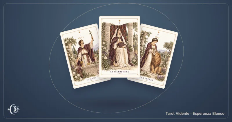 Teste de arquétipos do tarot. Composição com cartas ilustradas do gabinete. Tarot Vidente · Esperanza Blanco.