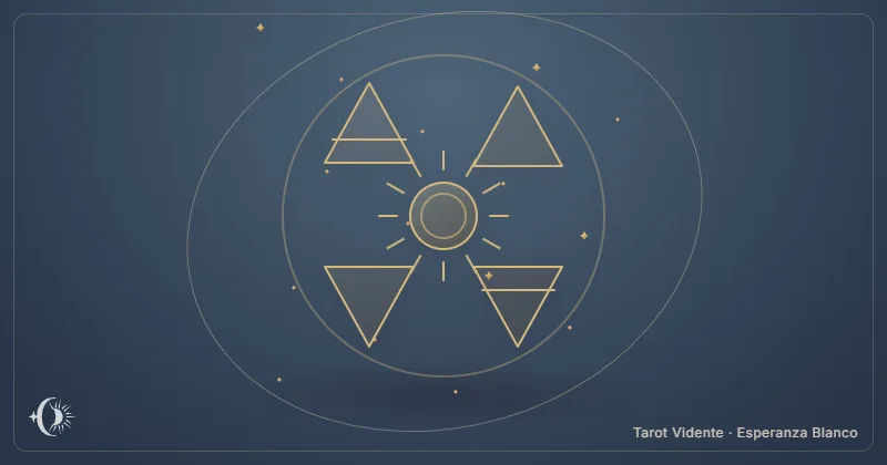 Teste dos quatro elementos. Quatro símbolos dos elementos em torno de um Sol. Tarot Vidente · Esperanza Blanco.