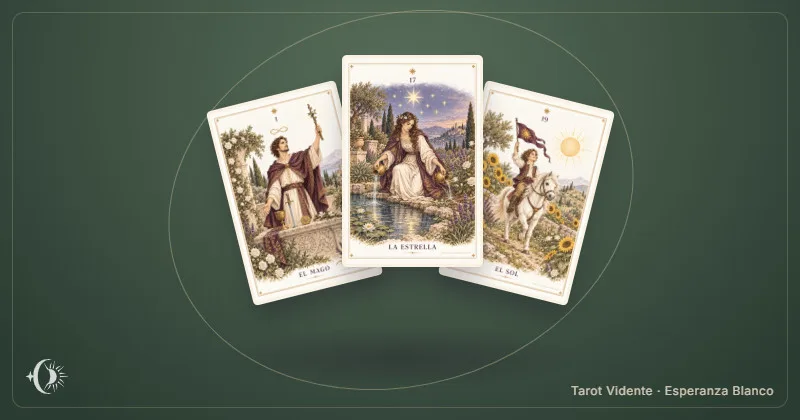 Jogo para aprender tarot. Composição com cartas ilustradas do gabinete. Tarot Vidente · Esperanza Blanco.