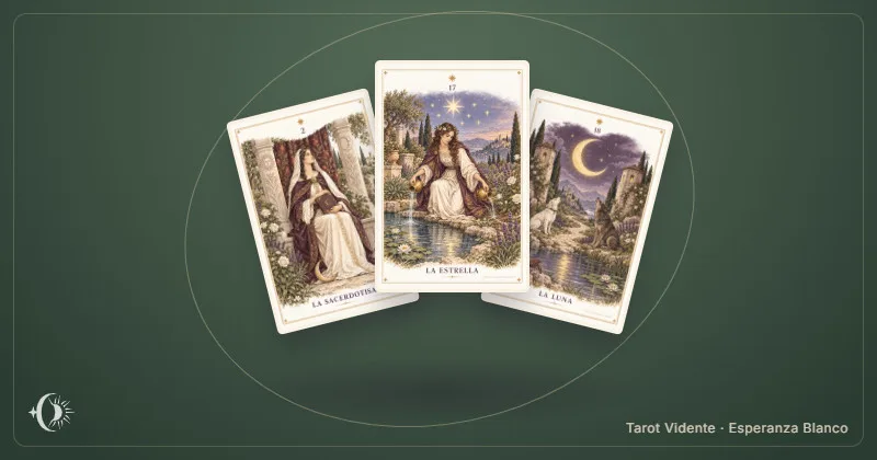 Jogo de intuição. Composição com cartas ilustradas do gabinete. Tarot Vidente · Esperanza Blanco.