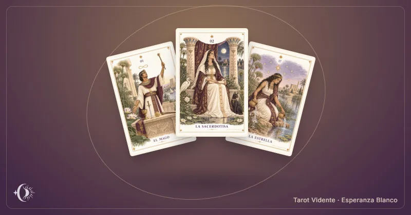 Tarô egípcio. Composição com cartas ilustradas do gabinete. Tarot Vidente · Esperanza Blanco.