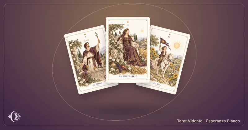 Marseille-Tarot. Komposition mit illustrierten Karten des Kabinetts. Tarot Vidente · Esperanza Blanco.