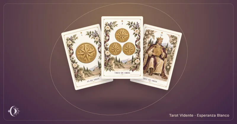 Leitura do baralho espanhol. Composição com cartas ilustradas do gabinete. Tarot Vidente · Esperanza Blanco.