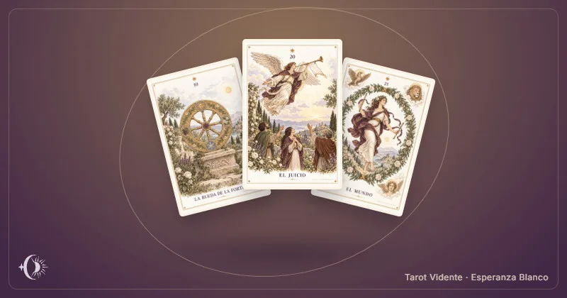 Tarô kármico. Composição com cartas ilustradas do gabinete. Tarot Vidente · Esperanza Blanco.