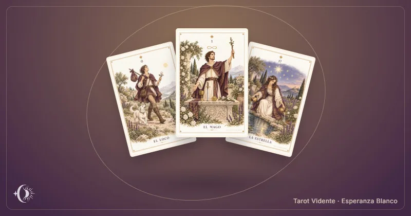 Tarô online grátis: tiragem de três cartas. Composição com cartas ilustradas do gabinete. Tarot Vidente · Esperanza Blanco.