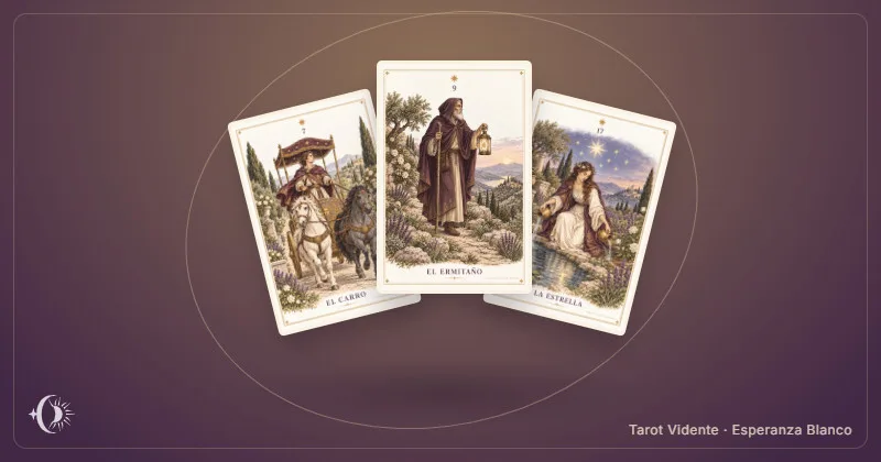 Persönliches Wochen-Tarot. Komposition mit illustrierten Karten des Kabinetts. Tarot Vidente · Esperanza Blanco.
