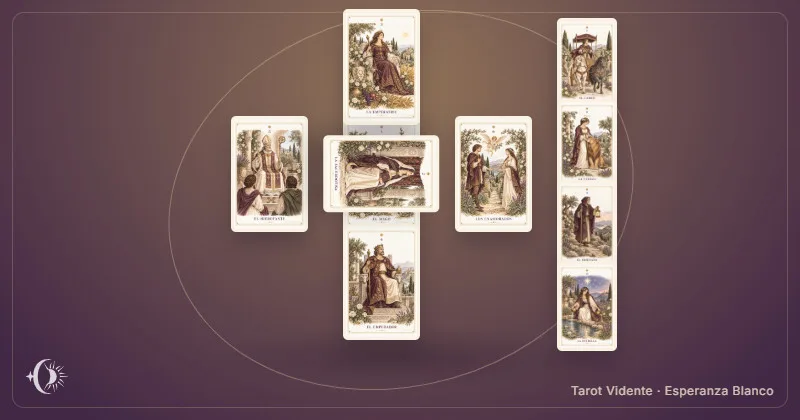 Tarô cruz celta. Composição com cartas ilustradas do gabinete. Tarot Vidente · Esperanza Blanco.