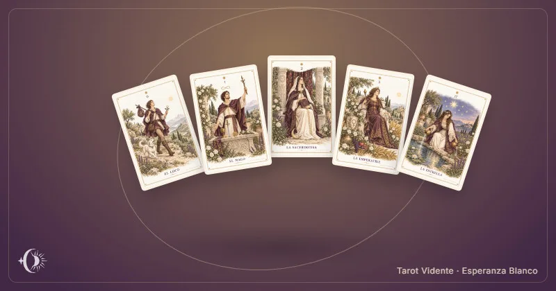 Fünf-Karten-Tarot. Komposition mit illustrierten Karten des Kabinetts. Tarot Vidente · Esperanza Blanco.