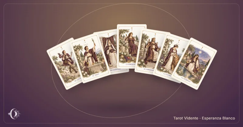 Lettura dei tarocchi a 7 carte. Composizione con carte illustrate del gabinetto. Tarot Vidente · Esperanza Blanco.