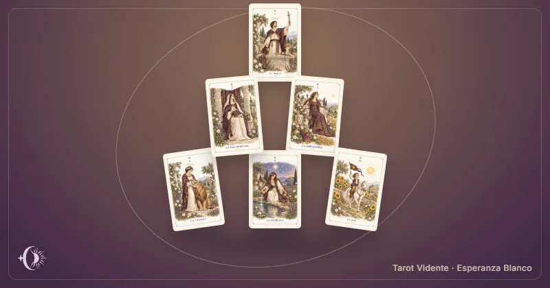 Tiragem de tarô em pirâmide. Composição com cartas ilustradas do gabinete. Tarot Vidente · Esperanza Blanco.