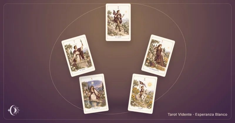 Star tarot spread. Composition with illustrated cards from the cabinet. Tarot Vidente · Esperanza Blanco.