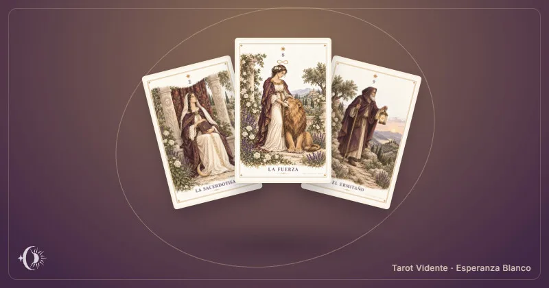 Tarot spread interpretation. Composition with illustrated cards from the cabinet. Tarot Vidente · Esperanza Blanco.