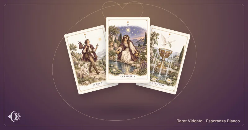 Tarocchi per trovare l’amore. Composizione con carte illustrate del gabinetto. Tarot Vidente · Esperanza Blanco.