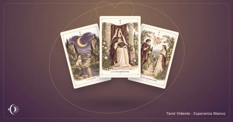 Tarot : ses sentiments pour moi. Composition de cartes illustrées du cabinet. Tarot Vidente · Esperanza Blanco.