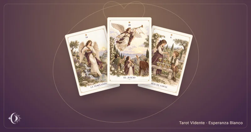 Tarô para reconciliação com um ex. Composição com cartas ilustradas do gabinete. Tarot Vidente · Esperanza Blanco.