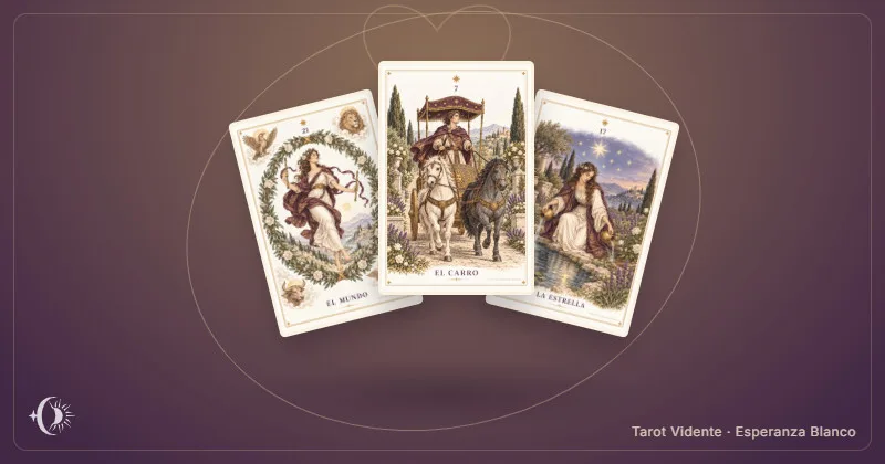 Tarô do amor à distância. Composição com cartas ilustradas do gabinete. Tarot Vidente · Esperanza Blanco.