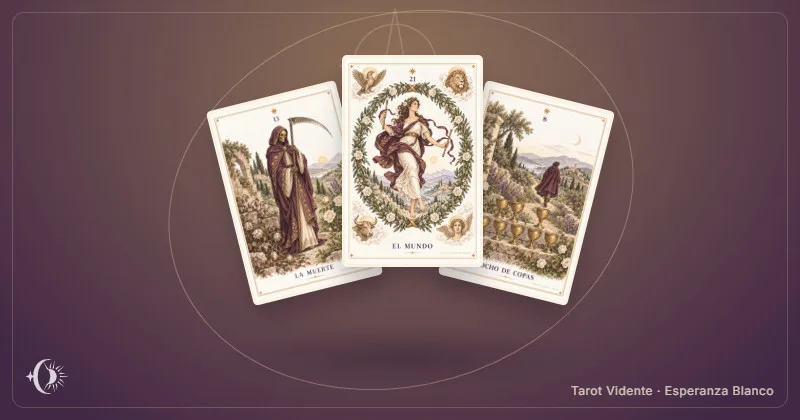 Tarot for closing a chapter. Composition with illustrated cards from the cabinet. Tarot Vidente · Esperanza Blanco.