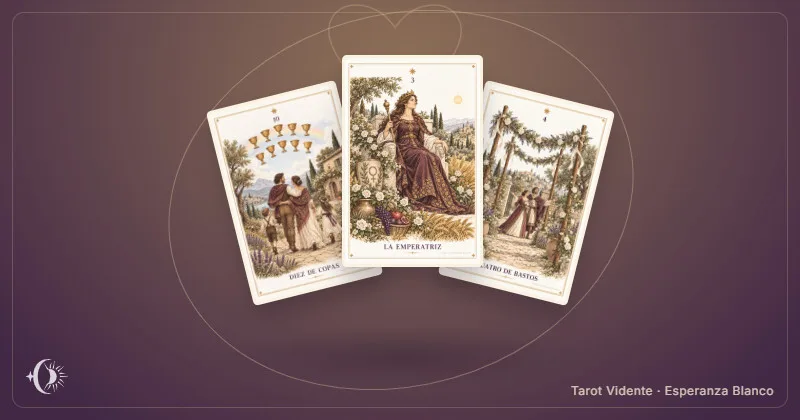 Familien-Tarot. Komposition mit illustrierten Karten des Kabinetts. Tarot Vidente · Esperanza Blanco.