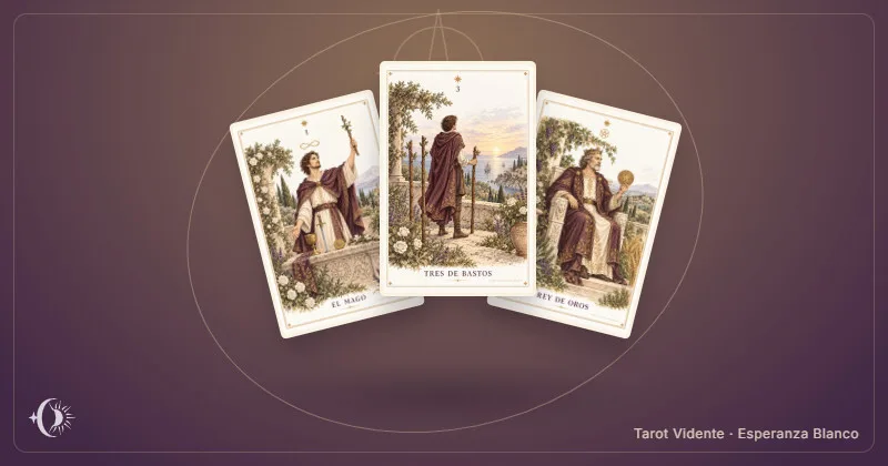Tarô para projetos e negócios. Composição com cartas ilustradas do gabinete. Tarot Vidente · Esperanza Blanco.
