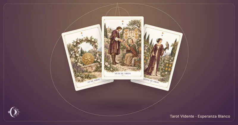 Tarô do dinheiro. Composição com cartas ilustradas do gabinete. Tarot Vidente · Esperanza Blanco.