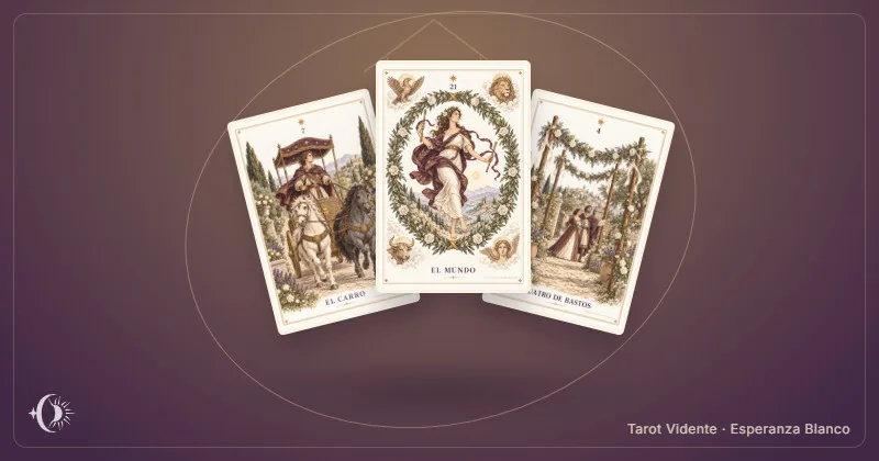 Tarô para mudar de casa. Composição com cartas ilustradas do gabinete. Tarot Vidente · Esperanza Blanco.