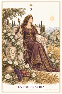 La Emperatriz · una figura coronada sentada entre flores y plantas