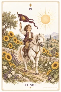 El Sol · una figura joven sobre un caballo blanco, un estandarte y un sol