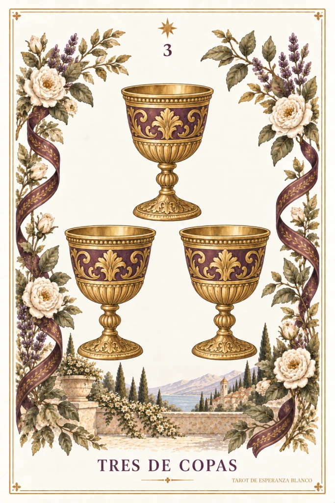 Tres de Copas · 3 copas doradas y motivos vegetales en los bordes