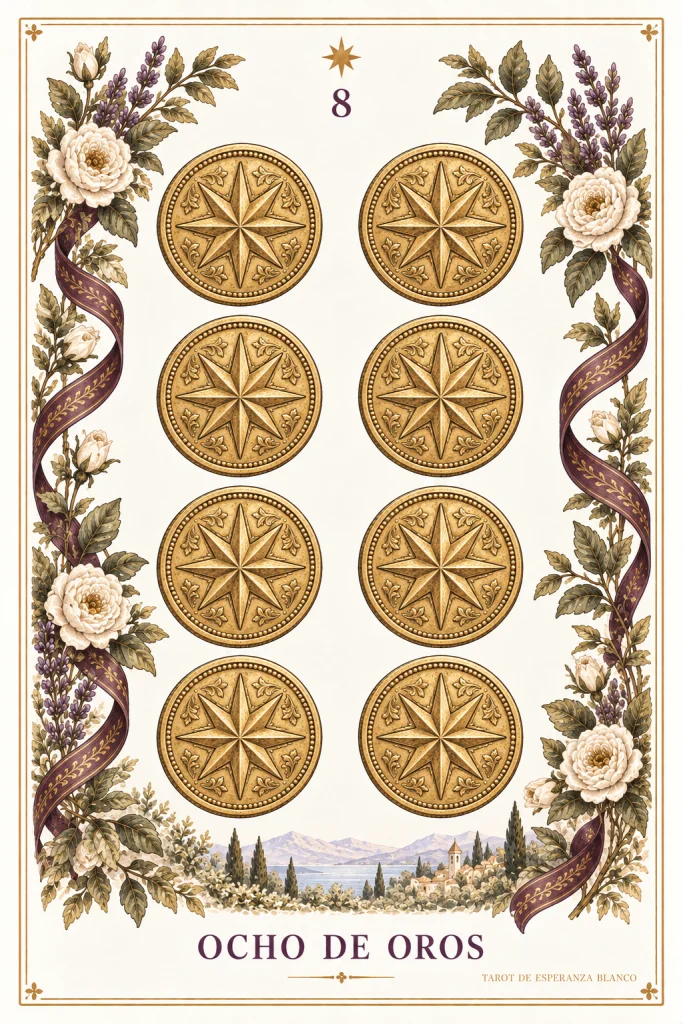 Eight of Pentacles · 8 golden discs and plant motifs along the edges