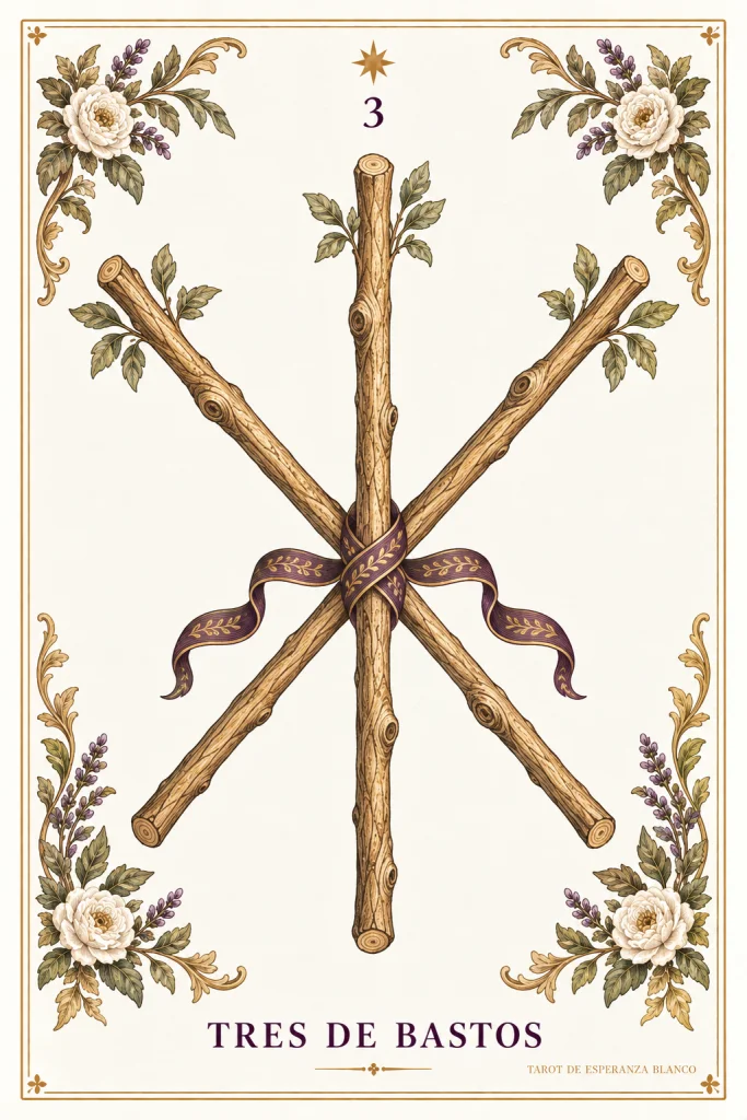 Three of Wands · 3 batons and plant motifs along the edges