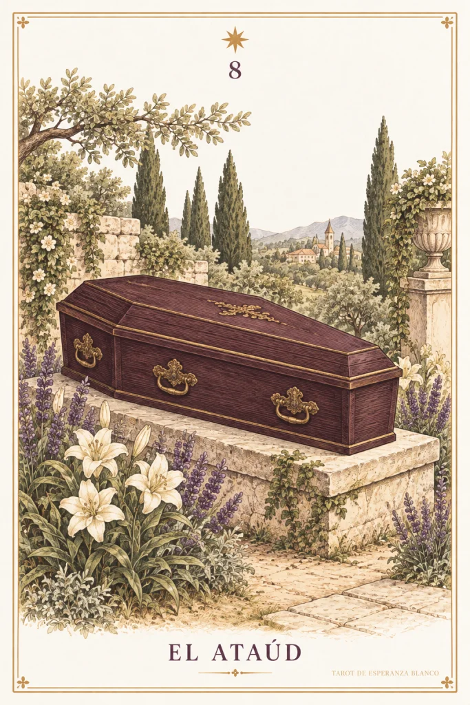 El Ataúd · un ataúd cerrado de tonos ciruela y oro