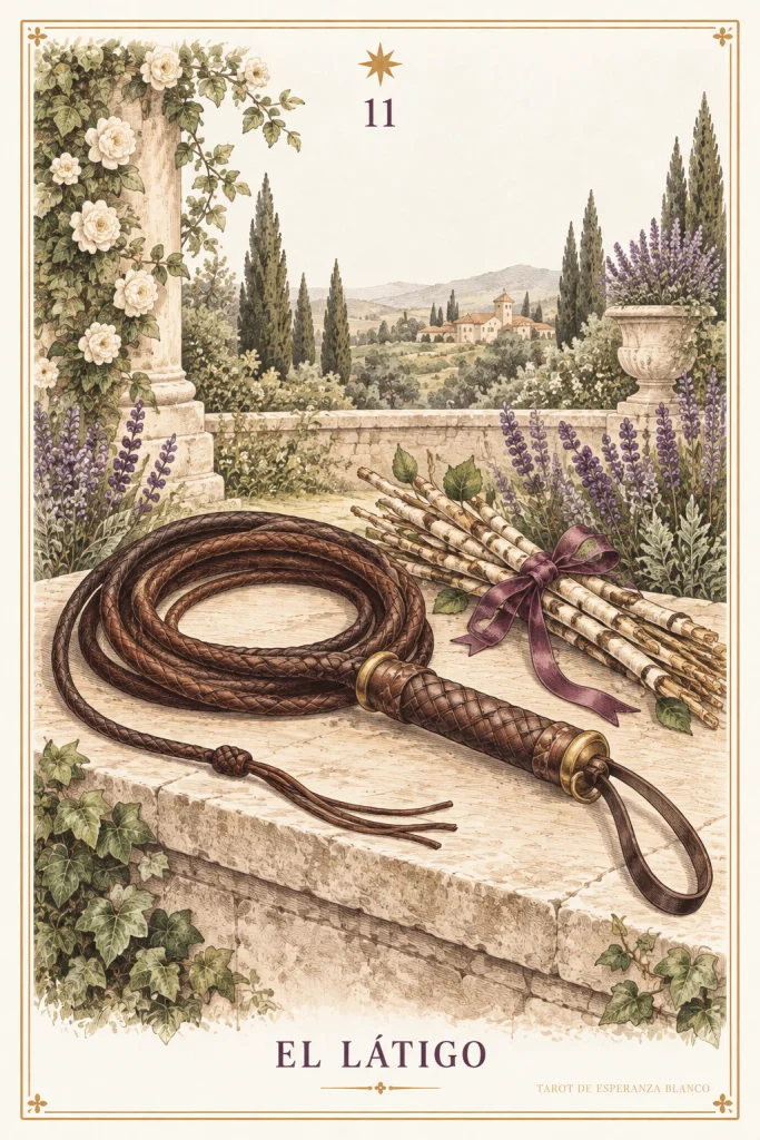Whip · a coiled whip and rods on stone