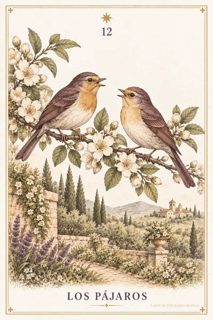 Los Pájaros · dos pájaros sobre una rama con flores