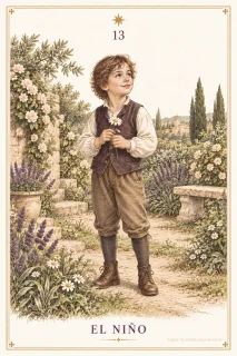 El Niño · una figura infantil de pie entre flores