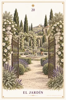 El Jardín · una entrada abierta hacia un jardín con fuentes