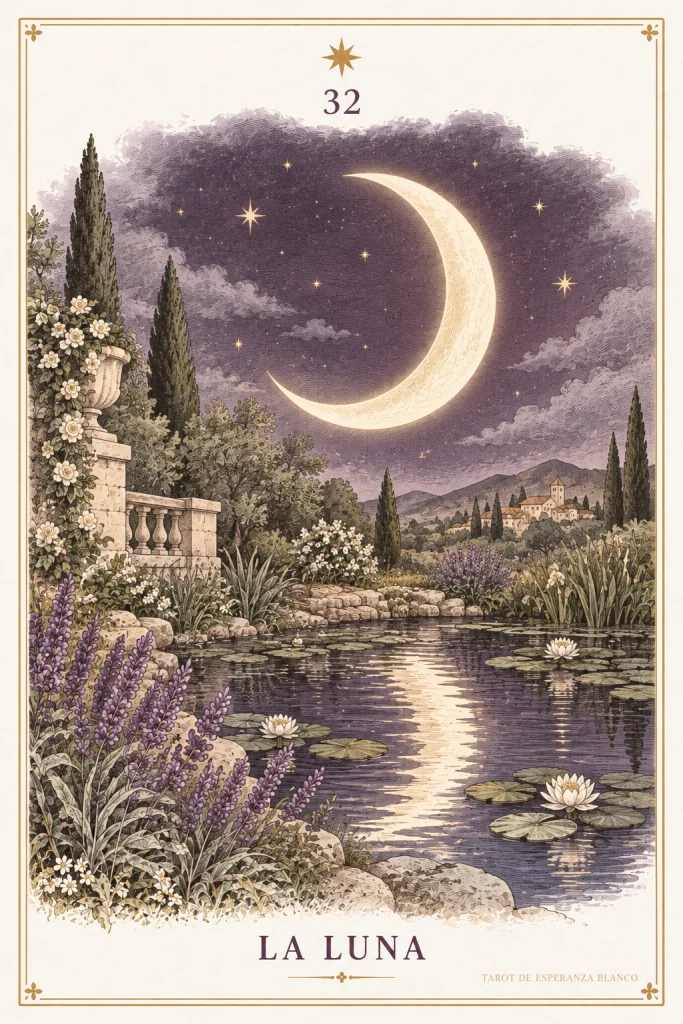 La Luna · una luna creciente sobre un estanque nocturno