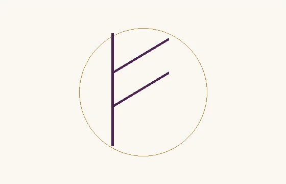 Fehu · el signo ᚠ: un trazo vertical con dos ramas oblicuas hacia la derecha, dentro de un círculo fino