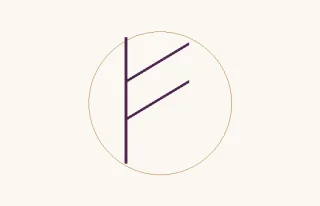 Fehu · el signo ᚠ: un trazo vertical con dos ramas oblicuas hacia la derecha, dentro de un círculo fino