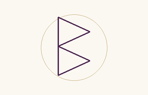 Berkano · le signe ᛒ : une hampe avec deux formes angulaires fermées à droite, dans un cercle fin