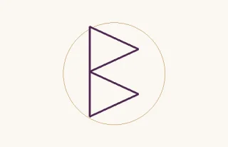 Berkano · el signo ᛒ: un asta con dos formas angulares cerradas a su derecha, dentro de un círculo fino