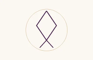 Othala · el signo ᛟ: un rombo cerrado que continúa en dos trazos oblicuos inferiores, dentro de un círculo fino