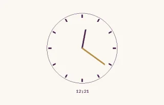 Reloj · 12:21 · una esfera con marcas horarias, dos agujas y el rótulo 12:21