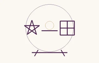 Escena de luz · una esfera sobre una base con tres motivos: una estrella de cinco puntas con líneas cruzadas; una línea horizontal y un círculo como referencia del cielo; un marco de ventana dividido por líneas interiores